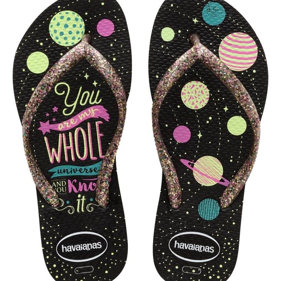NWT HAVAIANAS BLACK & PINK YOU ARE MY WHOLE UNIVERSE FLIP FLOP BIG KIDS - Picture 1 of 4